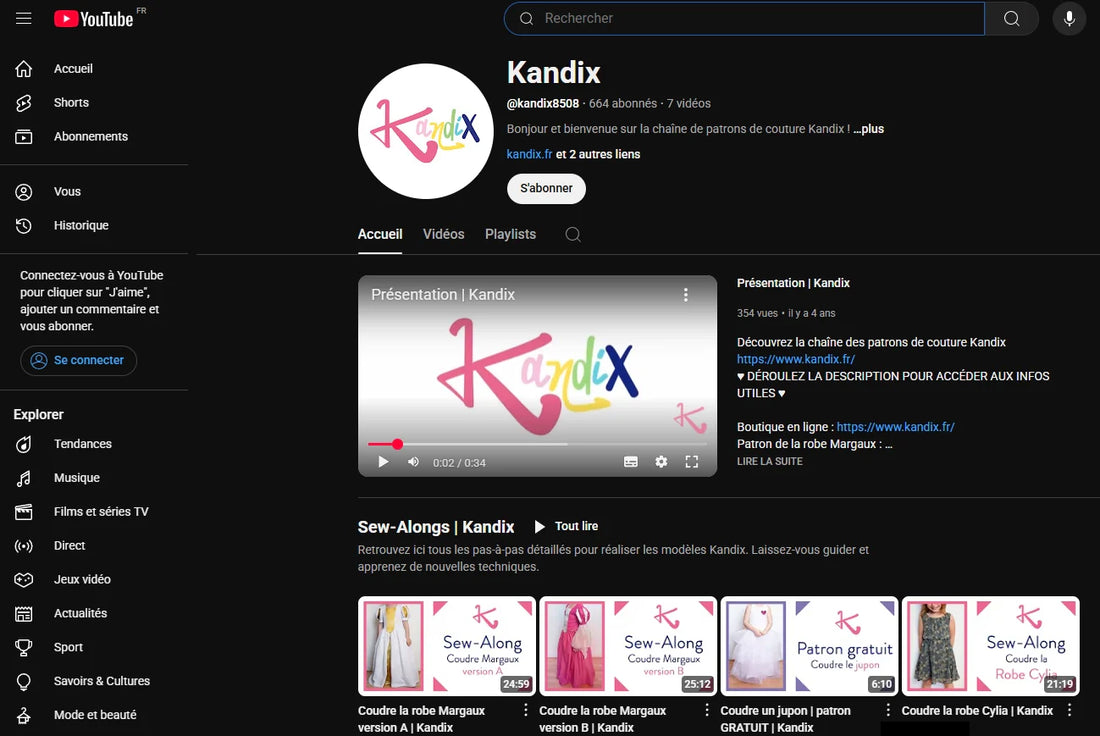 Capture d’écran de la page d’accueil de la chaîne YouTube Kandix avec la vidéo de présentation et les tutoriels de couture – patron de couture Kandix
