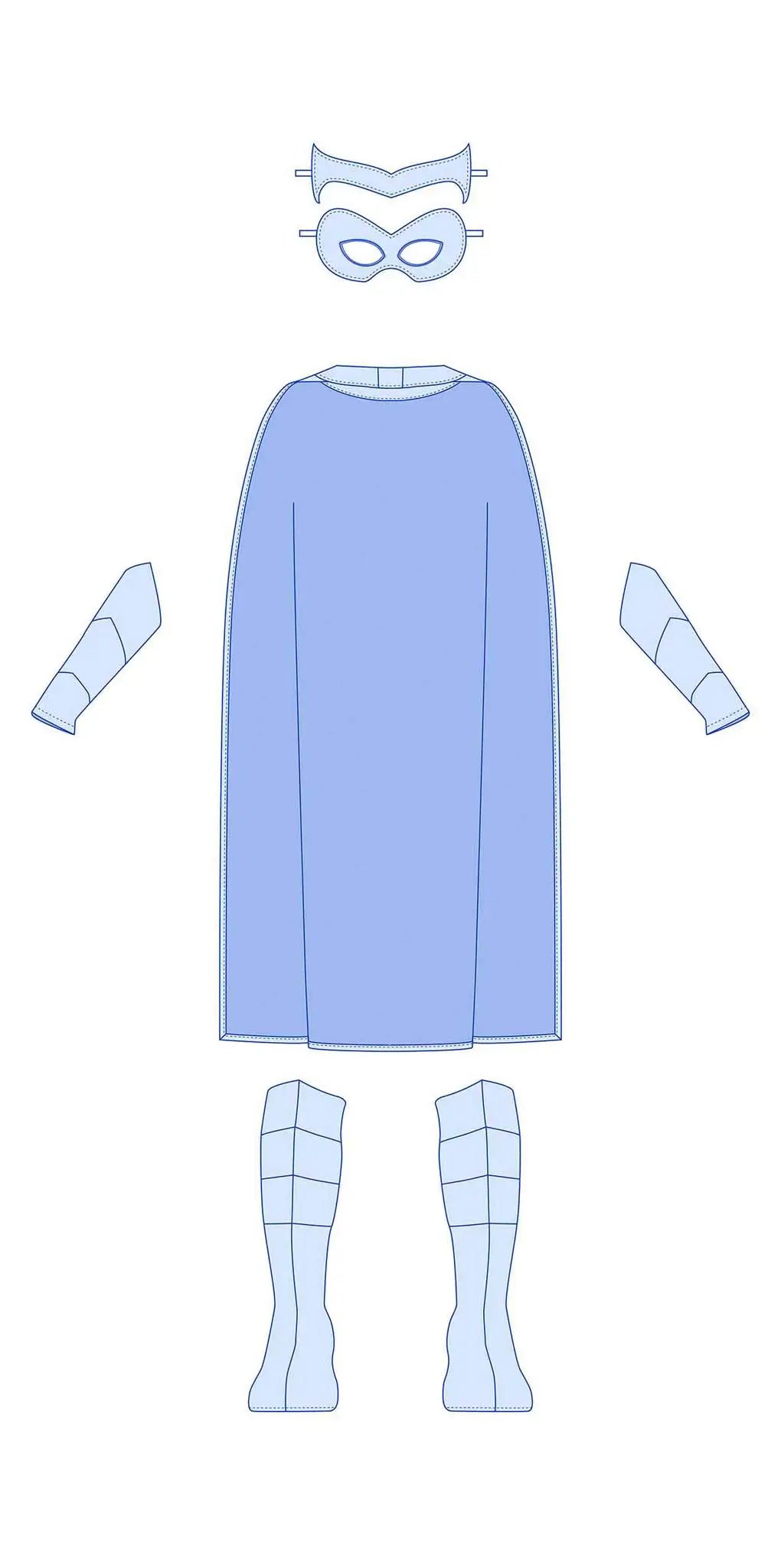 Schéma technique annoté des accessoires à coudre du Kit Super Kid : cape, bottes, masque, manchettes et couronne – patron de couture Kit Super Kid de Kandix