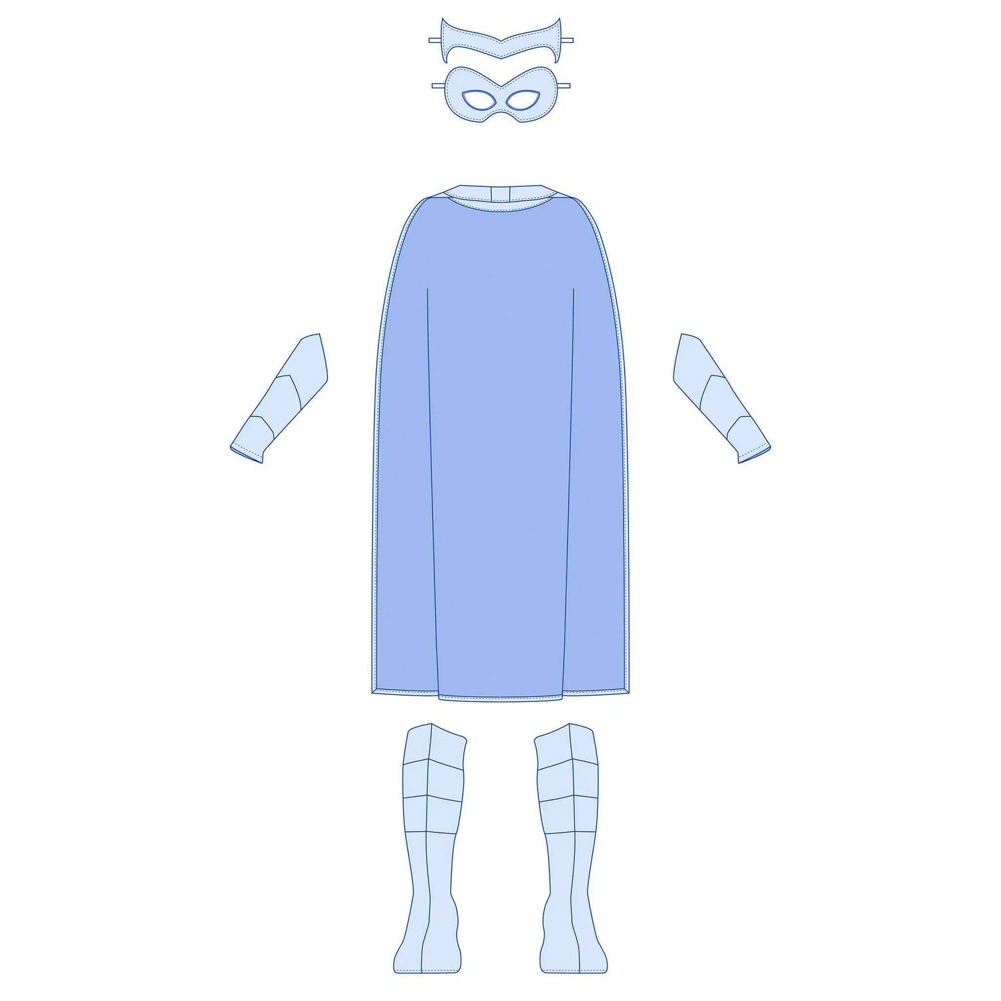 Dessin technique des accessoires du Kit Super Kid : cape, manchettes, bottes, couronne et masque – patron de couture Kit Super Kid de Kandix