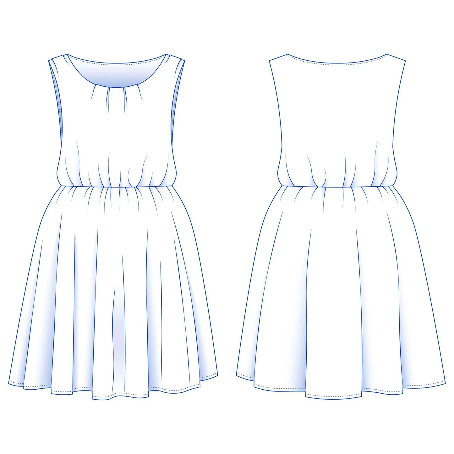 Vue technique de face et de dos de la robe enfant Cylia avec jupe froncée – patron de couture Kandix