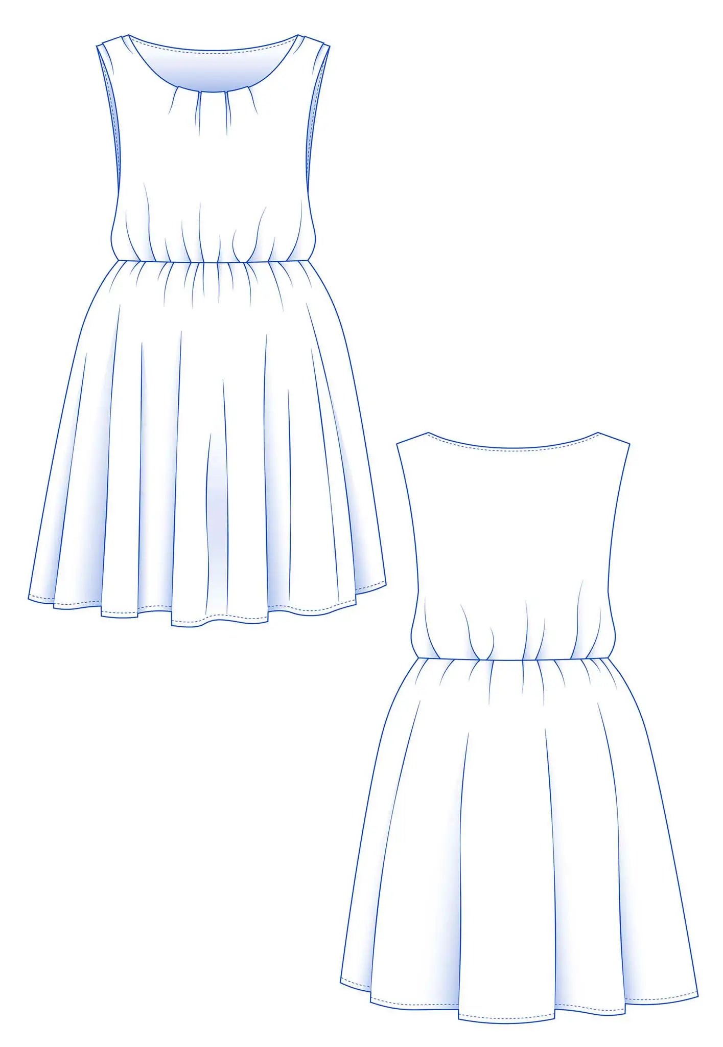 Deux vues à plat du patron de la robe enfant Cylia, avec encolure froncée et taille élastiquée – patron de couture Kandix