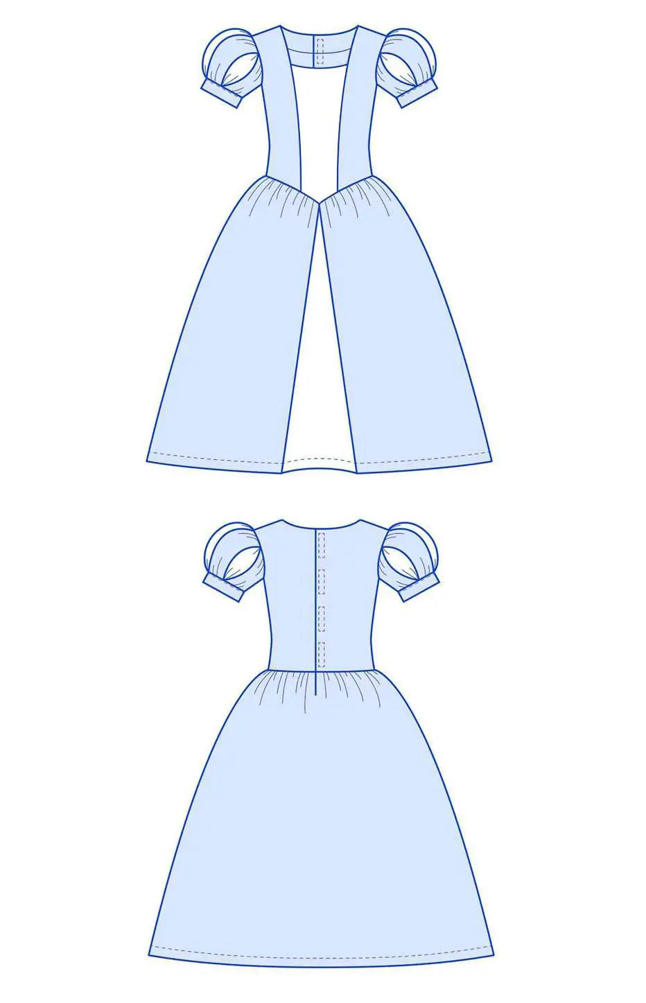 Dessin technique du patron robe princesse Margaux pour enfant avec manches ballon – patron de couture Kandix