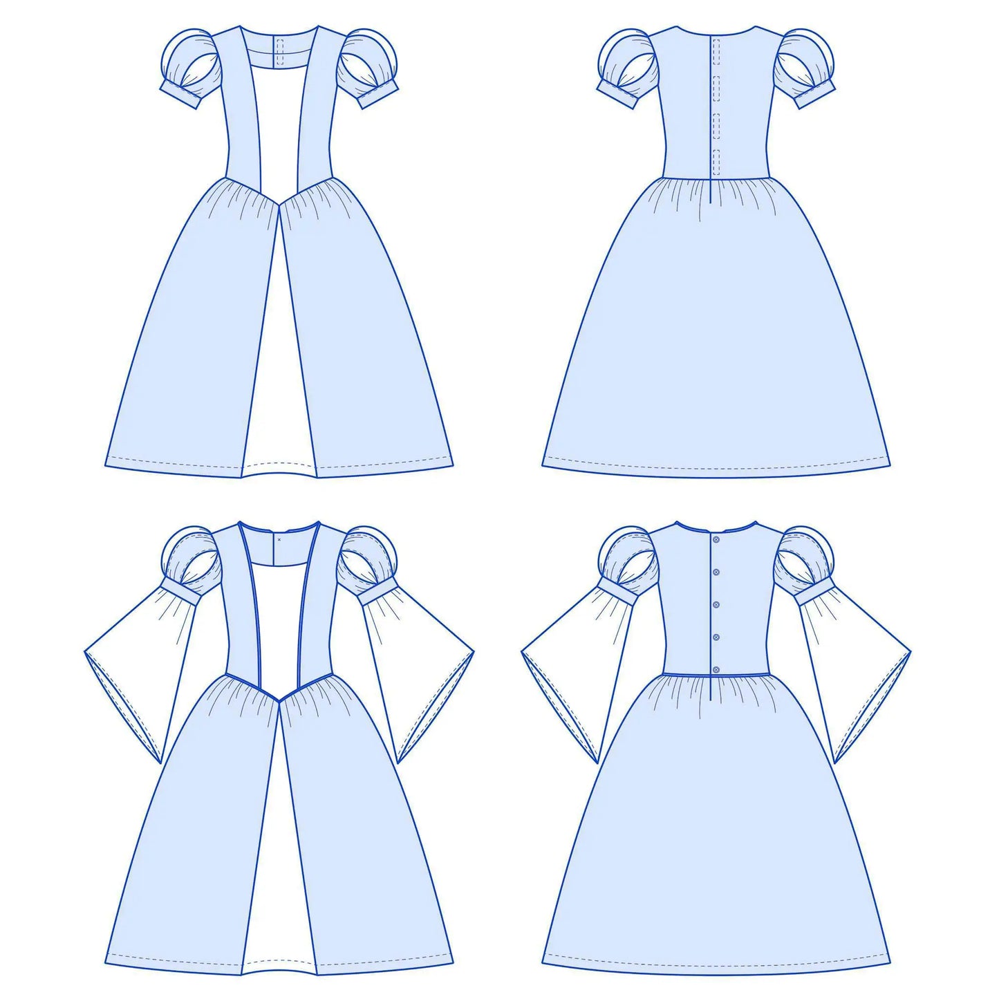 Dessin technique du patron robe princesse Margaux pour enfant avec différentes finitions de manches – patron de couture Kandix