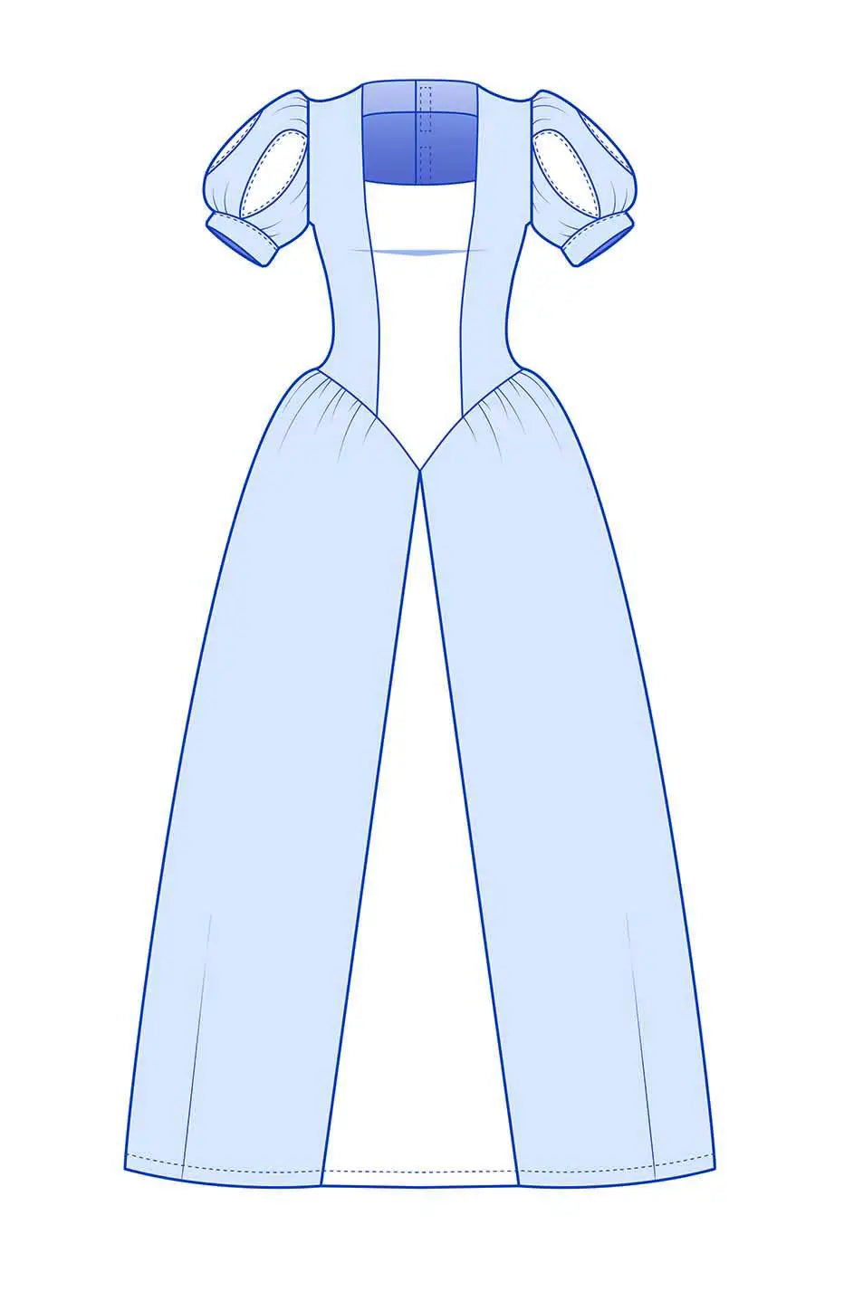 Dessin du patron robe princesse Margaux pour femme, avec détails visibles des découpes et volumes – patron de couture Kandix