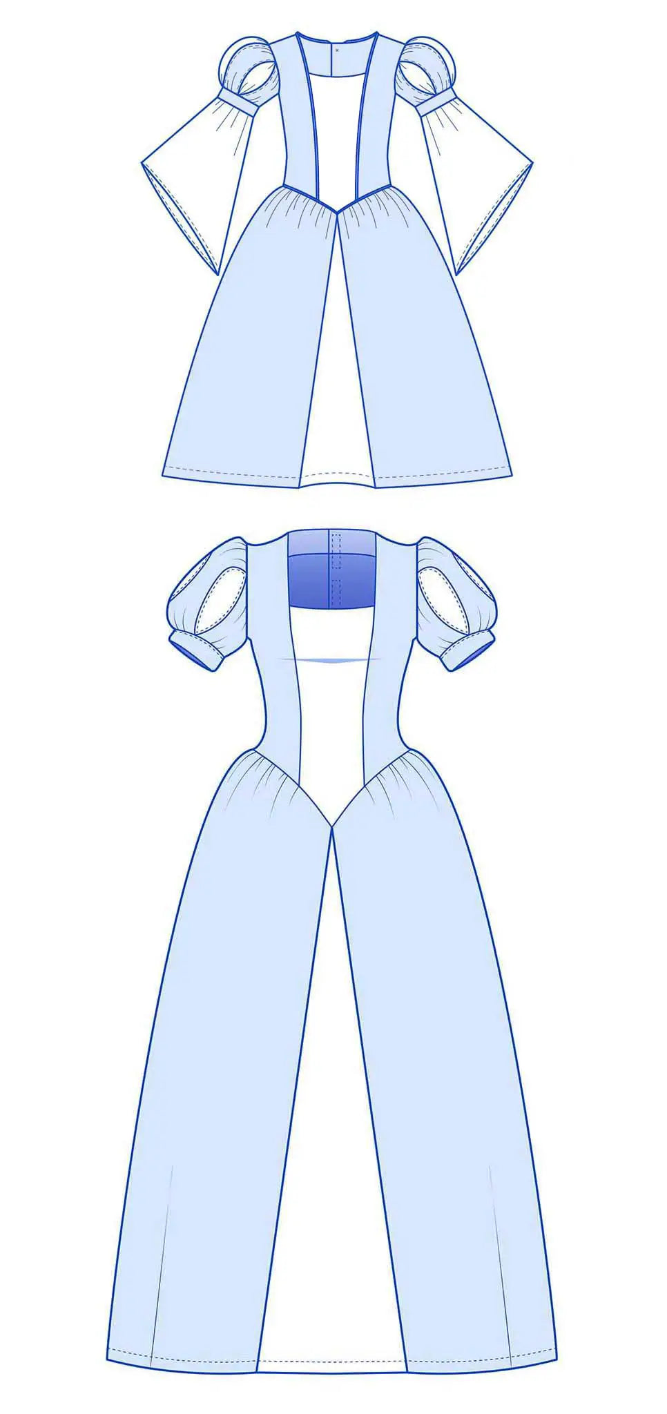Vue comparative des dessins techniques du patron robe princesse Margaux femme et enfant – patron de couture Kandix