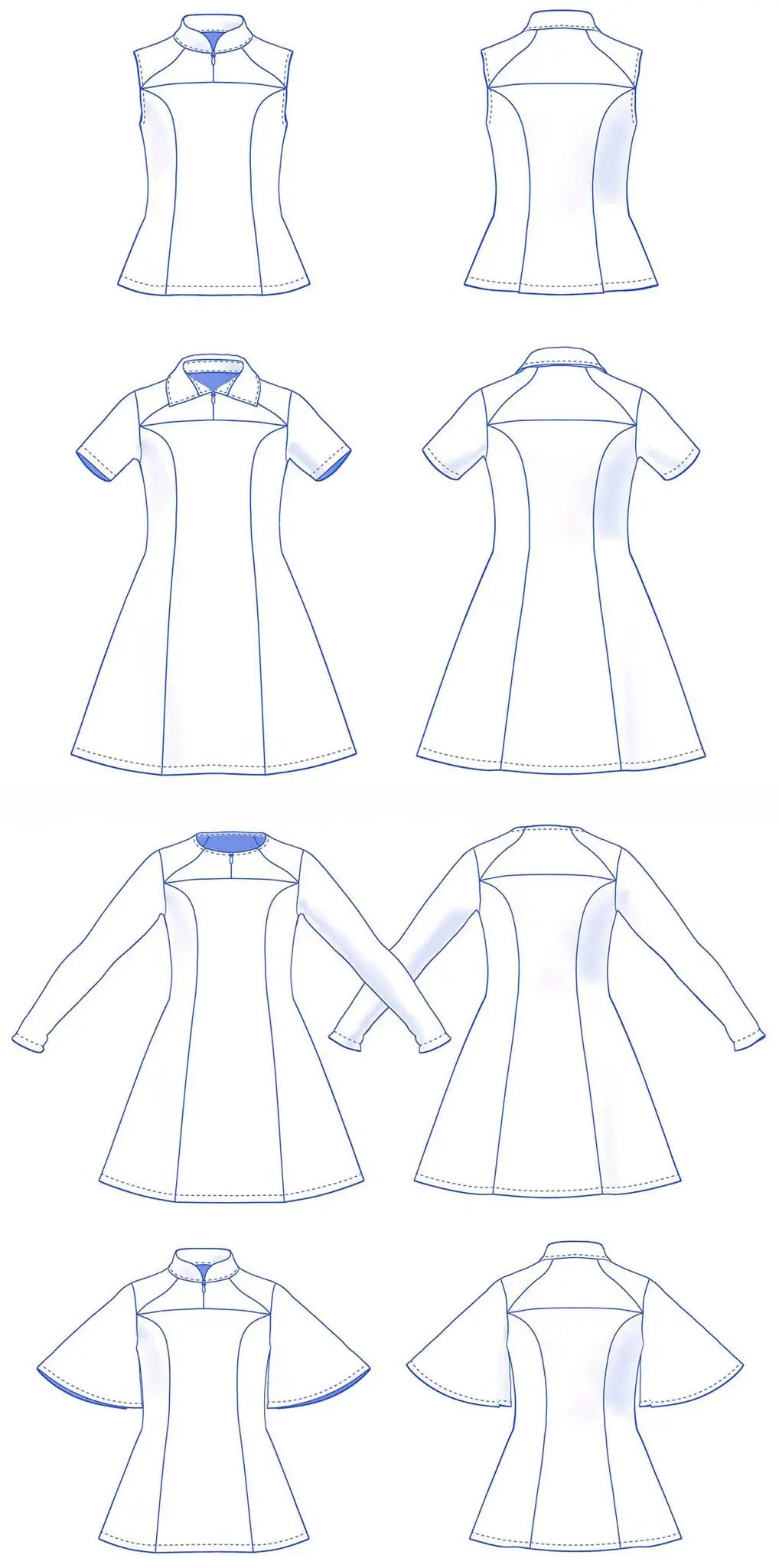 dessin technique robe et top Gaby enfant version col mao ou col polo manches courtes ou longues ainsi que version sans manches - patron de couture Kandix