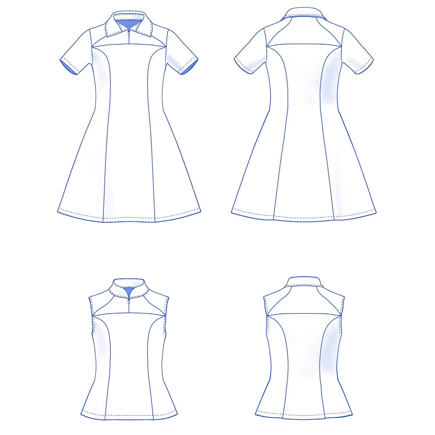 dessin technique robe Gaby enfant version manches courtes avec col polo et version sans manches avec col mao - patron de couture Kandix