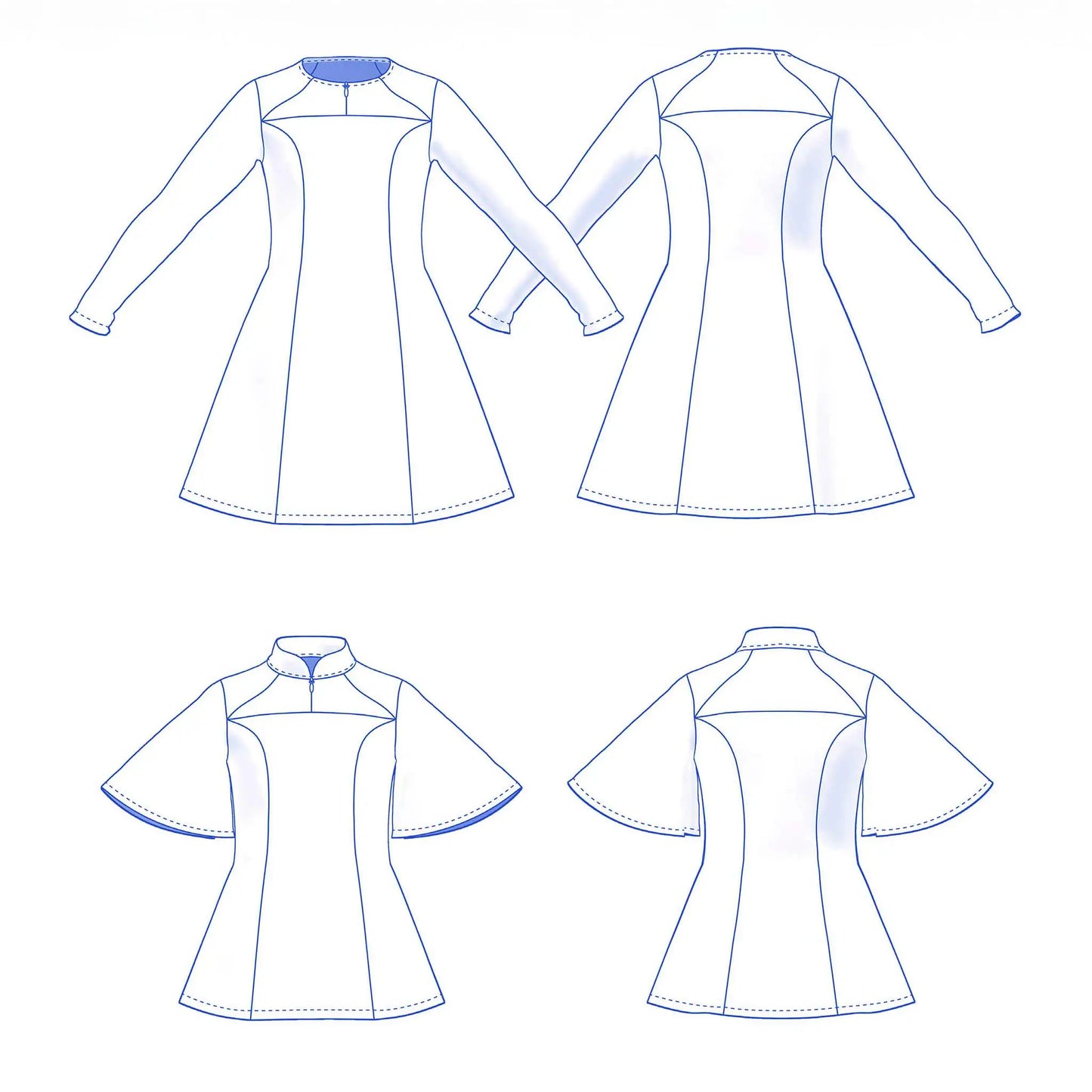 dessin technique robe Gaby enfant version manches longues sans col et manches papillon avec col mao - patron de couture Kandix