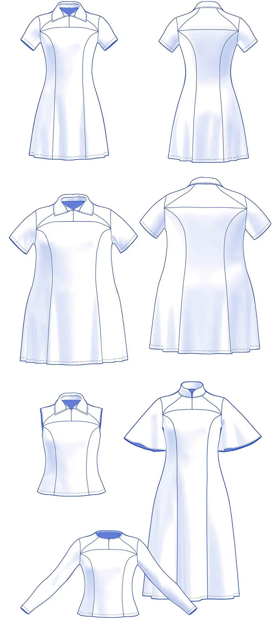 dessin technique robe et top Gaby femme et enfant avec toutes les options de cols et de manches - patron de couture Kandix