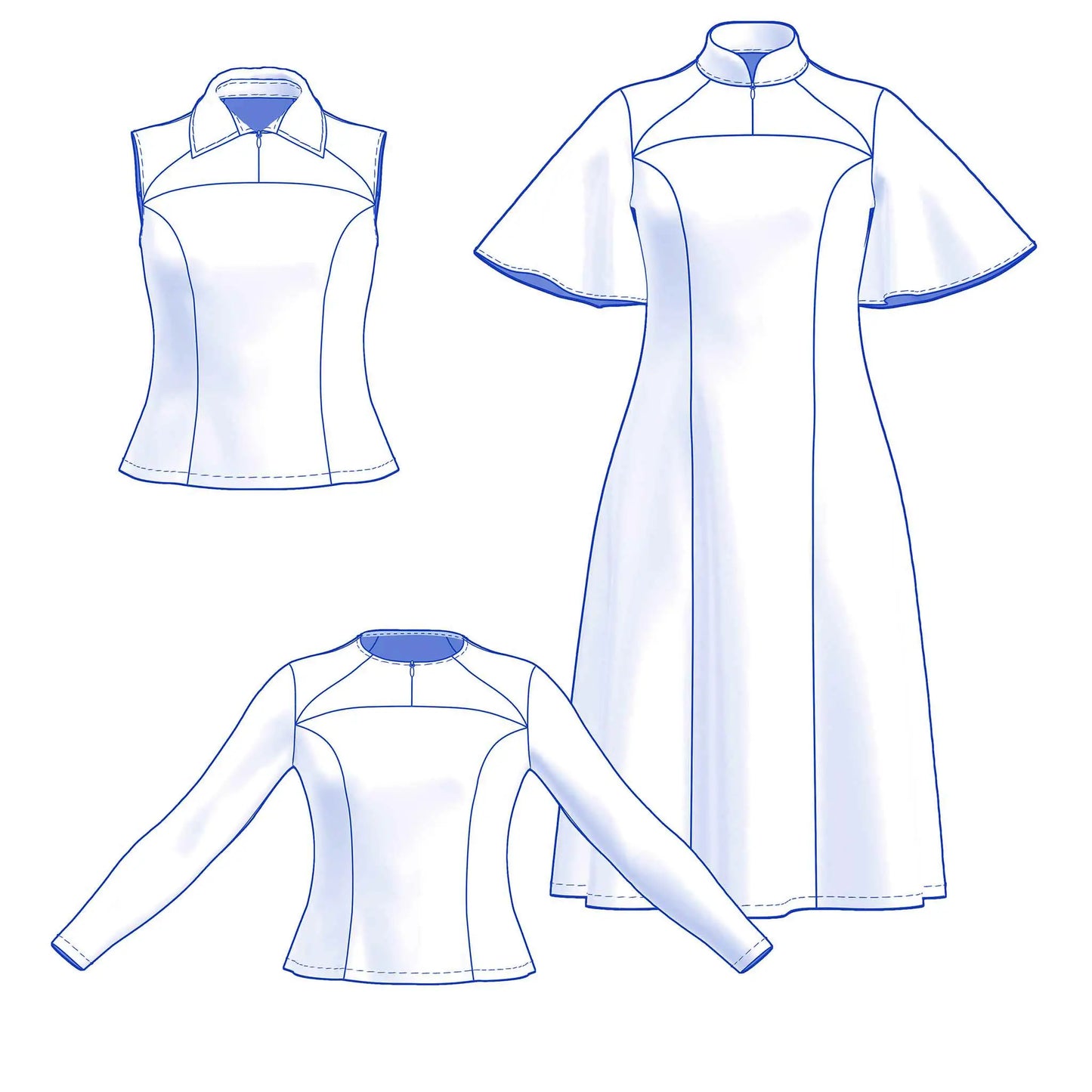 dessin technique robe et top Gaby femme version sans manches manches longues et robes avec trois types de col différents - patron de couture Kandix