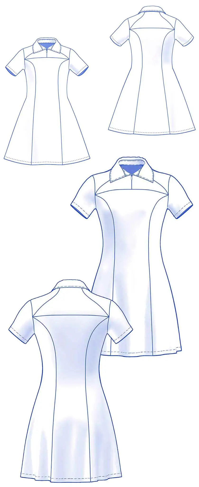 dessin technique robe Gaby version femme et enfant avec multiples options de manches et longueurs - patron de couture Kandix