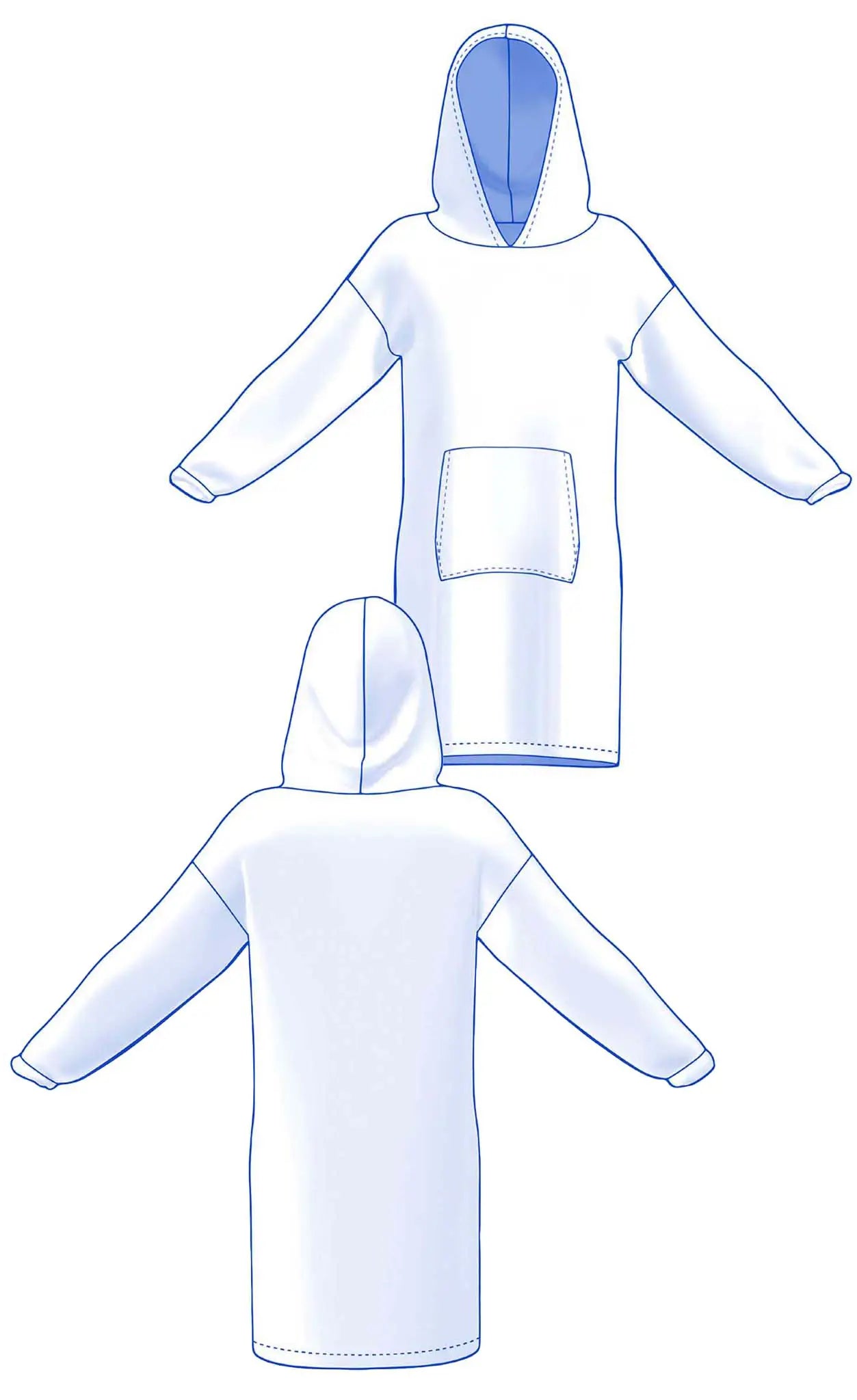 Croquis technique du patron Casimir enfant avec vue face et dos, capuche et grande poche centrale - patron de couture Kandix