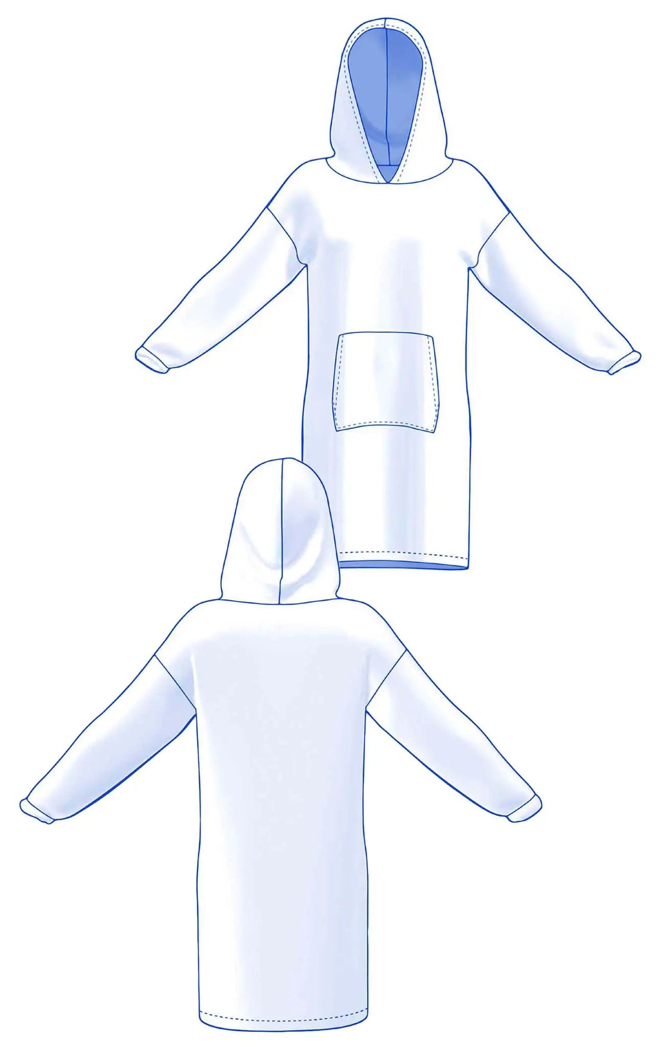 Croquis technique du sweat Casimir femme, avec vue face et dos, capuche doublée et poche kangourou - patron de couture Kandix