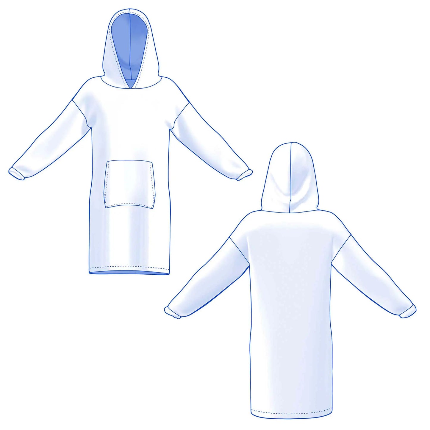 Dessin technique du sweat Casimir pour femme, homme et enfant, modèle à capuche avec poche devant - patron de couture Kandix
