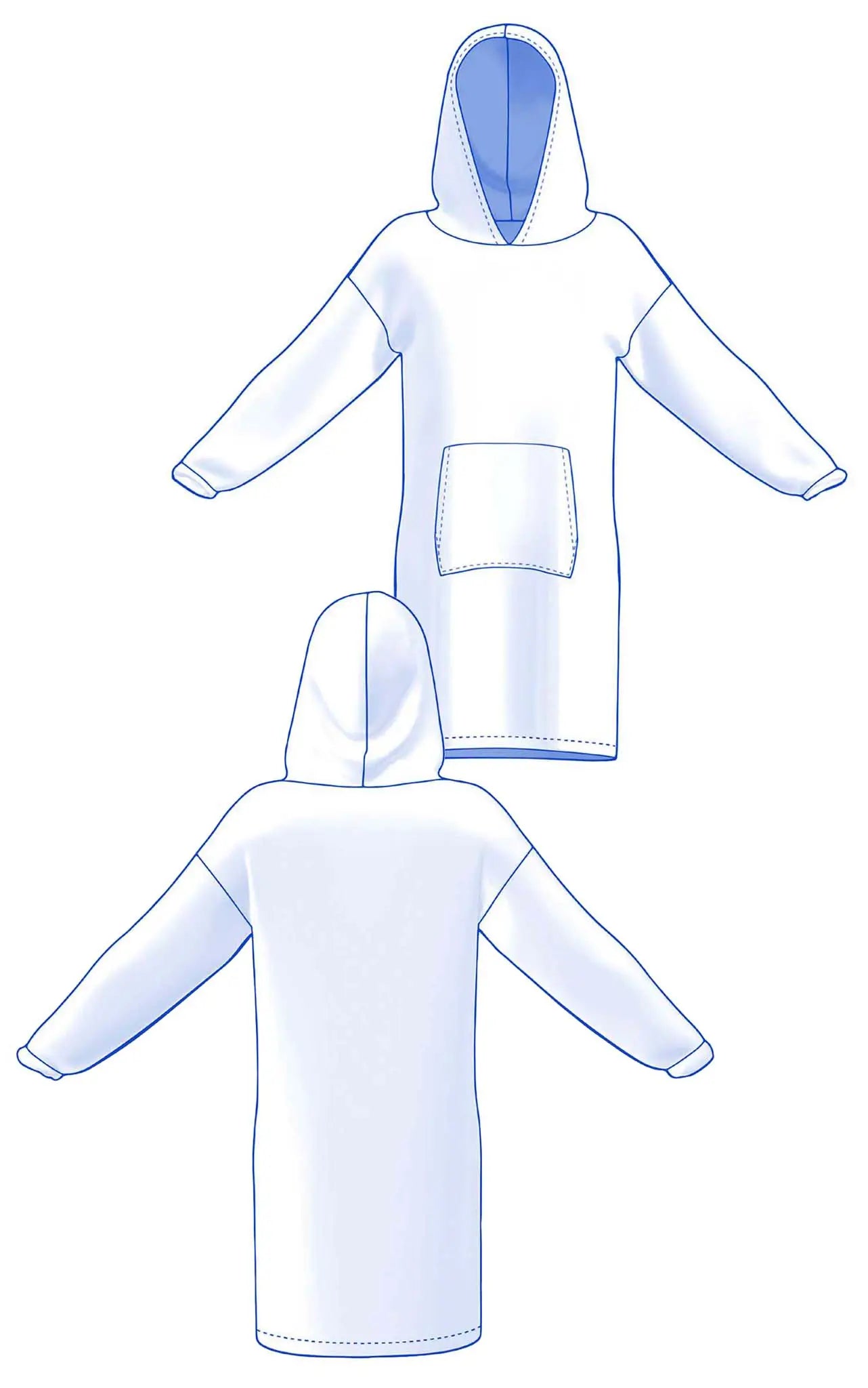 Dessin technique du sweat Casimir homme avec annotations, capuche, manches longues et poche centrale - patron de couture Kandix