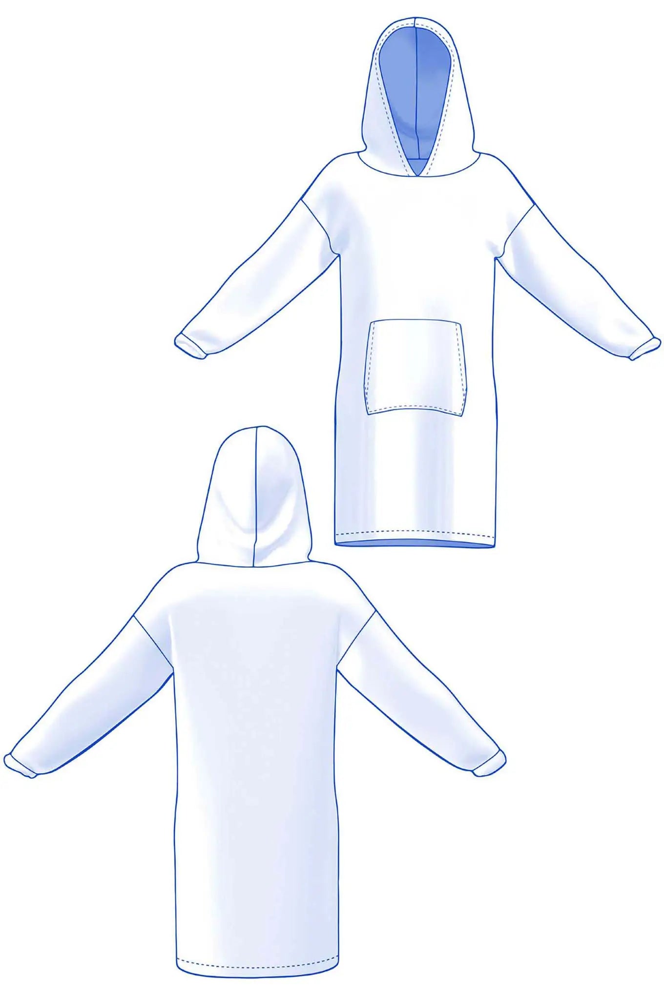 Dessin technique du sweat long à capuche Casimir pour homme et enfant, vue de face et de dos - patron de couture Kandix