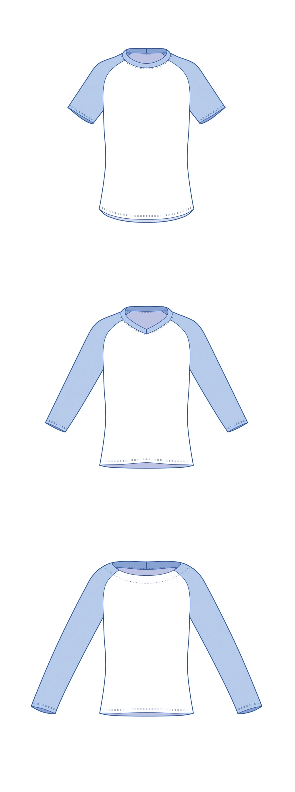 Dessin technique du patron de t-shirt raglan TAO pour enfant : manches courtes, 3/4 ou longues, col rond, en V ou bateau – patron de couture TAO de Kandix