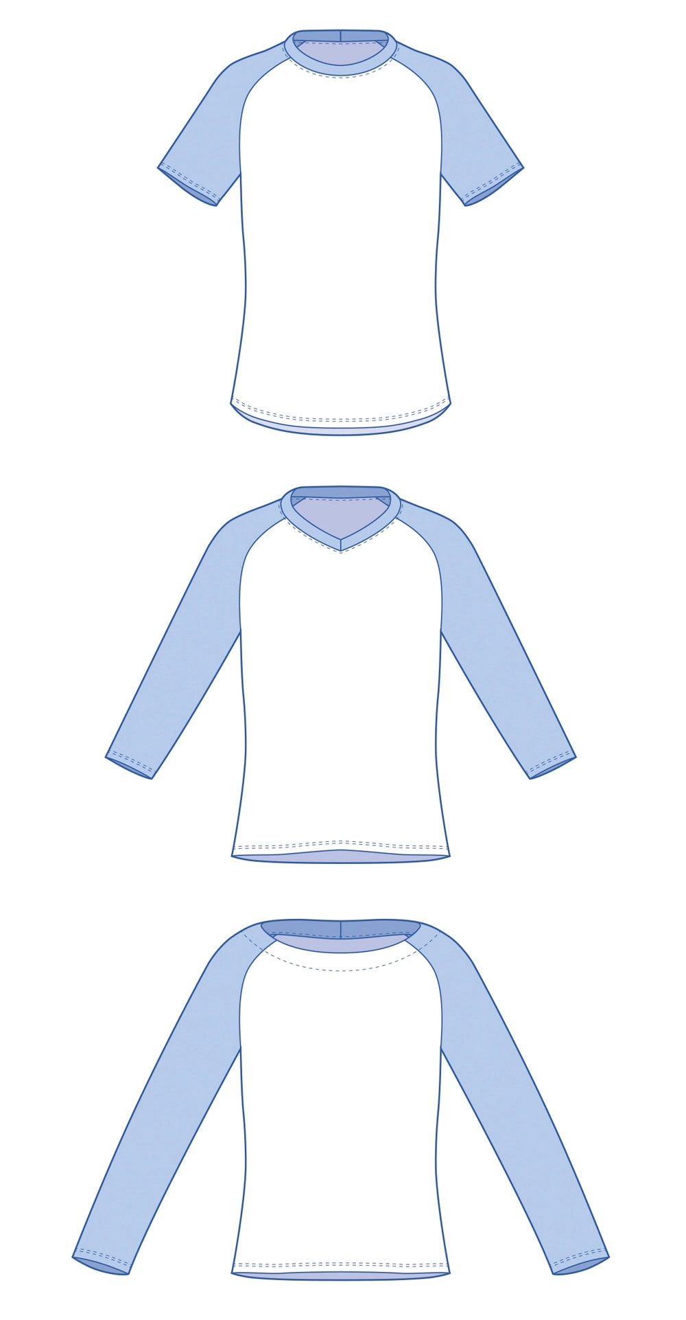 Dessin technique du patron de t-shirt raglan TAO pour enfant : manches courtes, 3/4 ou longues, col rond, en V ou bateau – patron de couture TAO de Kandix