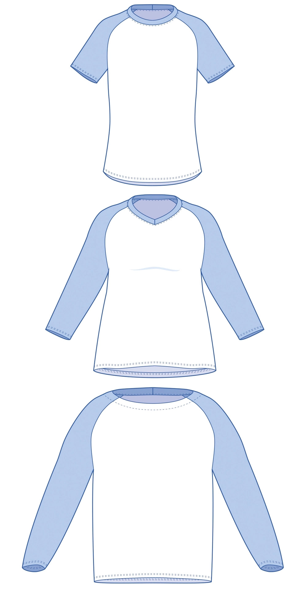 Dessin technique du patron de t-shirt raglan TAO pour toute la famille : manches courtes, 3/4 ou longues, col rond, en V ou bateau – patron de couture TAO de Kandix