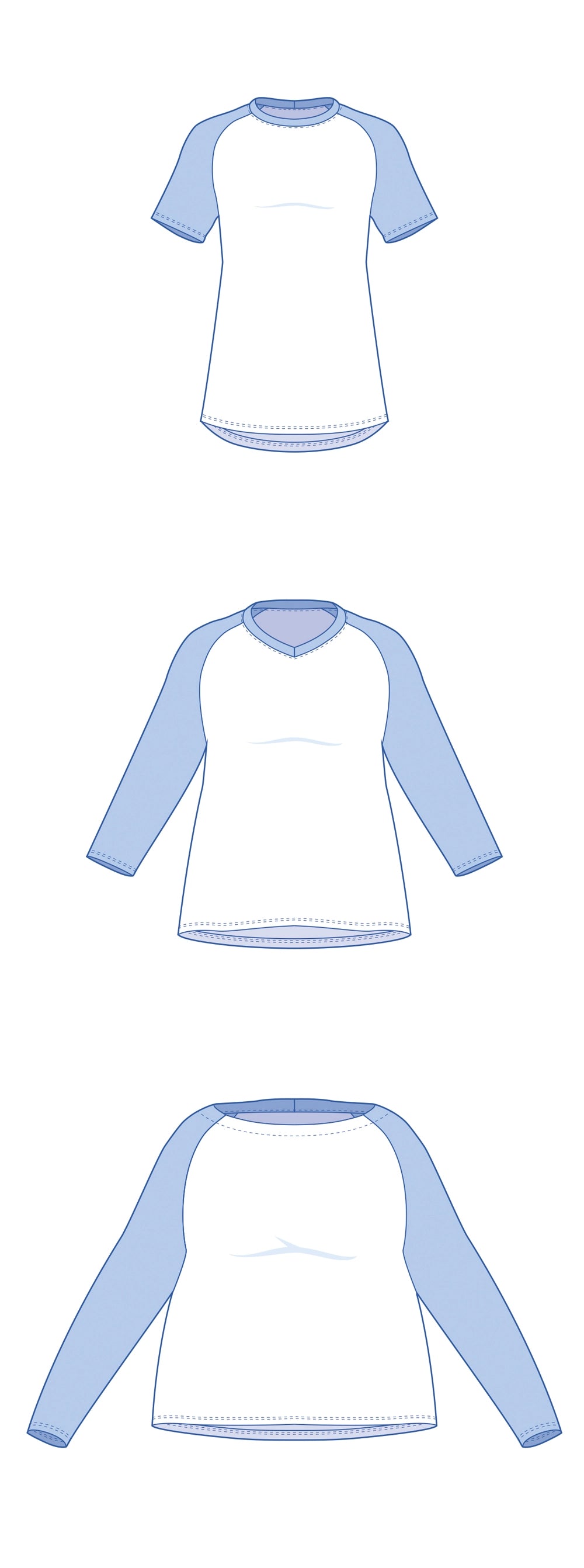Dessin technique du patron de t-shirt raglan TAO pour femme : manches courtes, 3/4 ou longues, col rond, en V ou bateau – patron de couture TAO de Kandix
