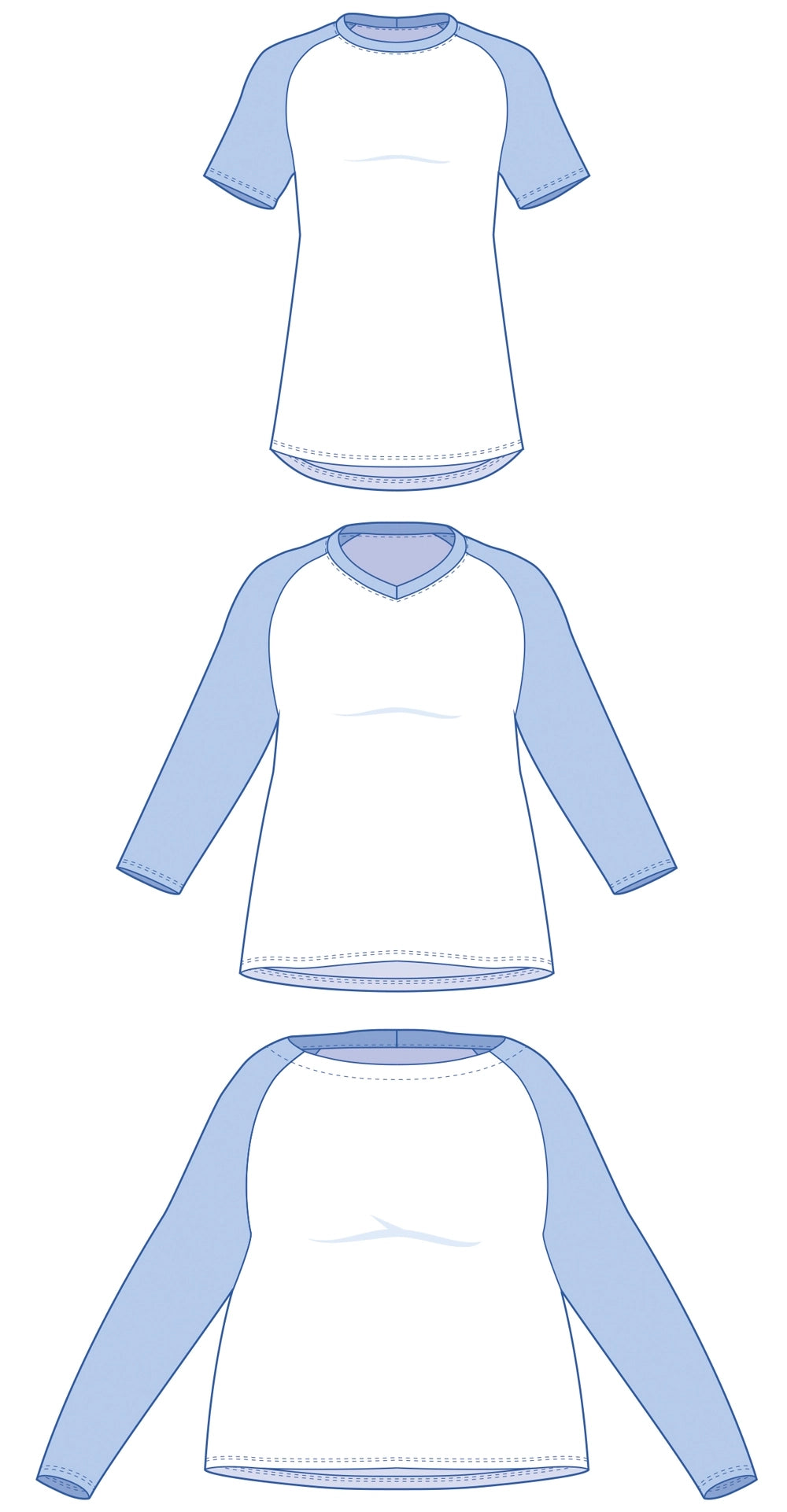 Dessin technique du patron de t-shirt raglan TAO pour femme : manches courtes, 3/4 ou longues, col rond, en V ou bateau – patron de couture TAO de Kandix