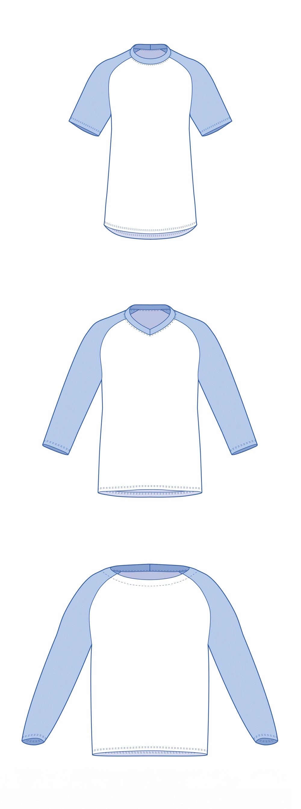 Dessin technique du patron de t-shirt raglan TAO pour homme : manches courtes, 3/4 ou longues, col rond, en V ou bateau – patron de couture TAO de Kandix