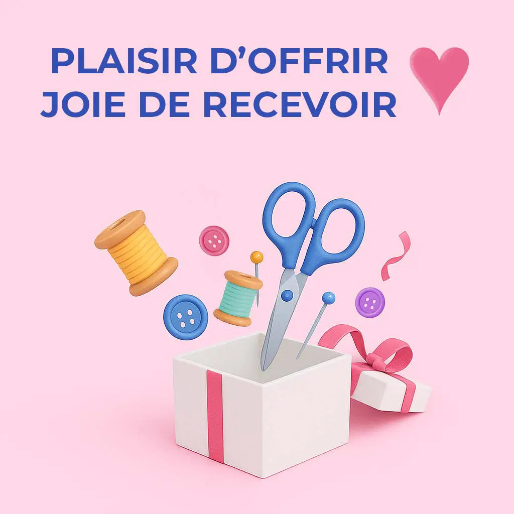 Illustration d'une carte cadeau couture Kandix avec boîte cadeau, bobines de fil, ciseaux et boutons colorés