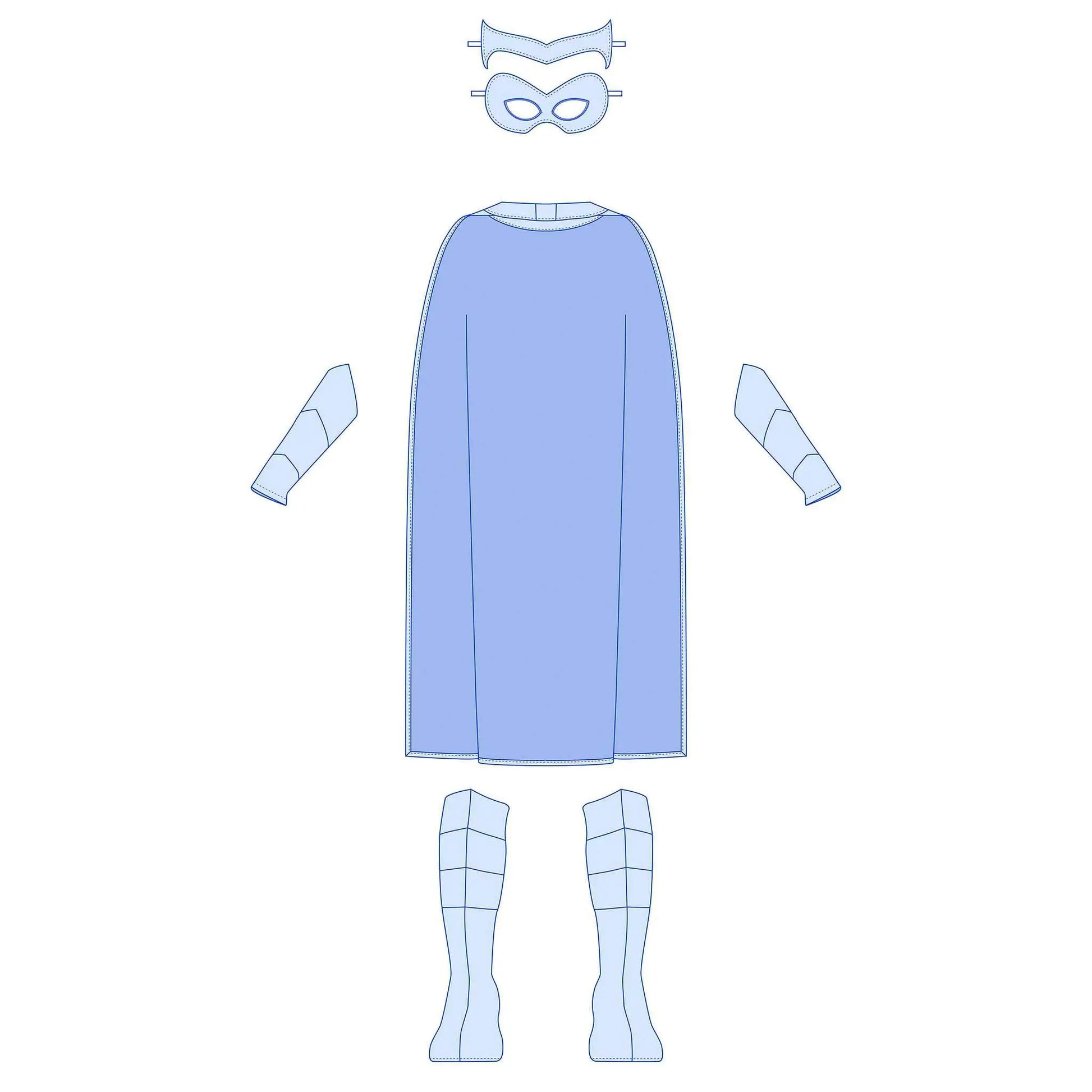 Dessin technique des accessoires du Kit Super Kid : cape, manchettes, bottes, couronne et masque – patron de couture Kit Super Kid de Kandix
