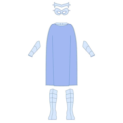 Dessin technique des accessoires du Kit Super Kid : cape, manchettes, bottes, couronne et masque – patron de couture Kit Super Kid de Kandix