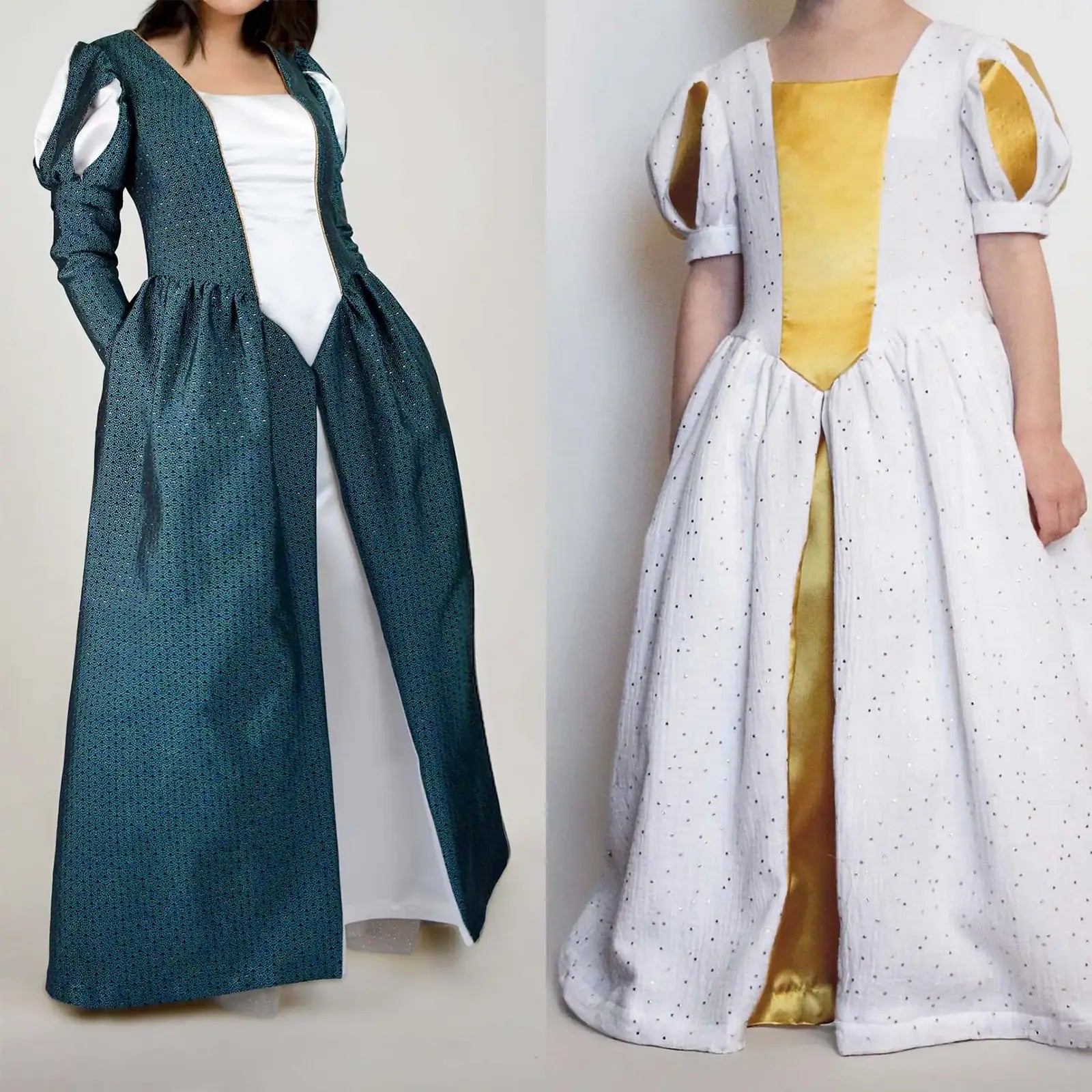 Femme et enfant posant côte à côte en robes de princesse coordonnées, l’une en vert foncé et blanc, l’autre en blanc et doré – patron de couture Margaux de Kandix