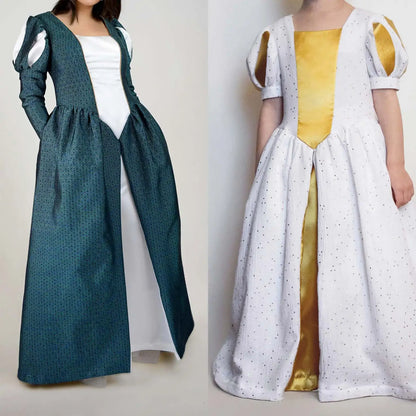 Femme et enfant posant côte à côte en robes de princesse coordonnées, l’une en vert foncé et blanc, l’autre en blanc et doré – patron de couture Margaux de Kandix