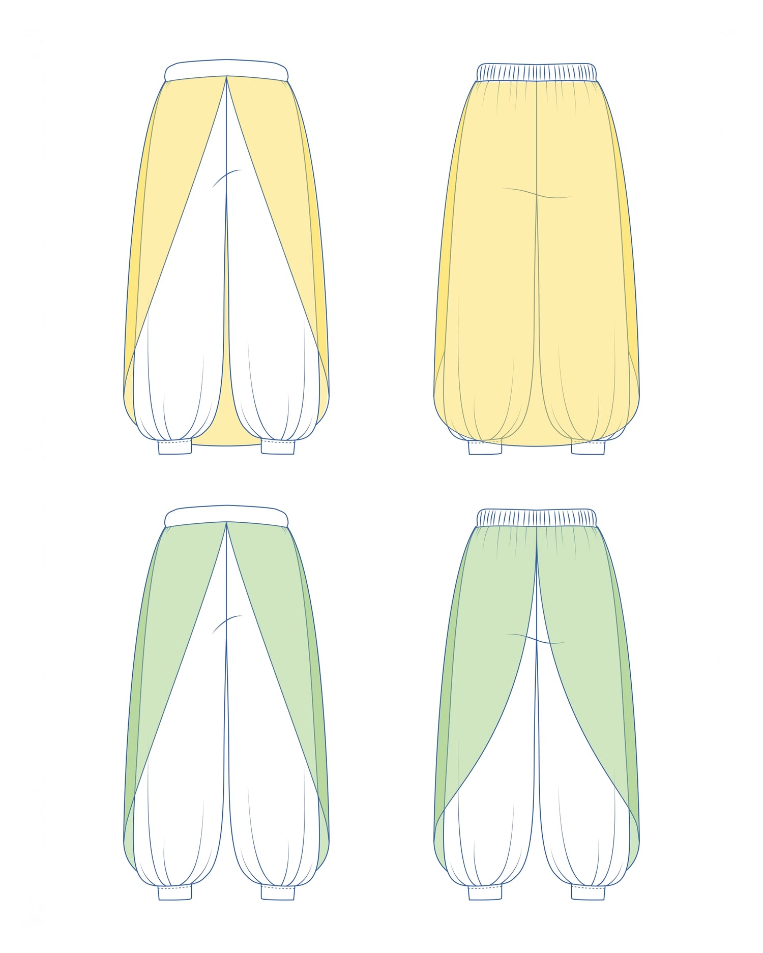 Dessin technique du pantalon Yasmine enfant avec voile superpose devant – patron Kandix