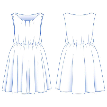Vue technique de face et de dos de la robe enfant Cylia avec jupe froncée – patron de couture Kandix
