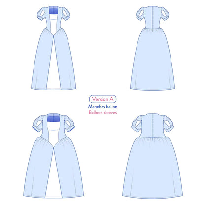 Vue technique de la robe princesse Margaux pour femme avec manches ballon – patron de couture Kandix