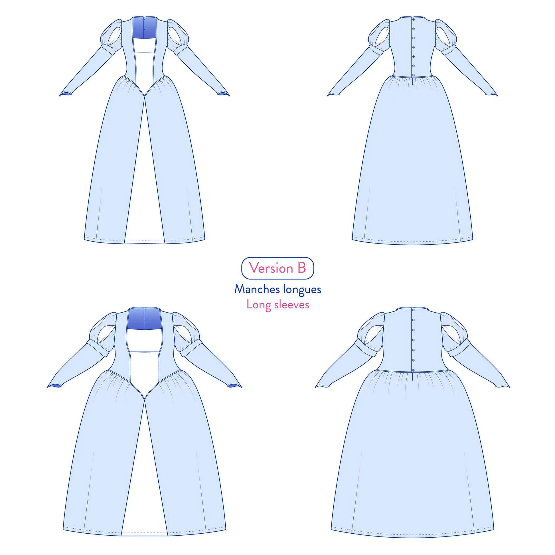 Schéma du patron de la robe princesse Margaux version femme avec manches longues – patron de couture Kandix