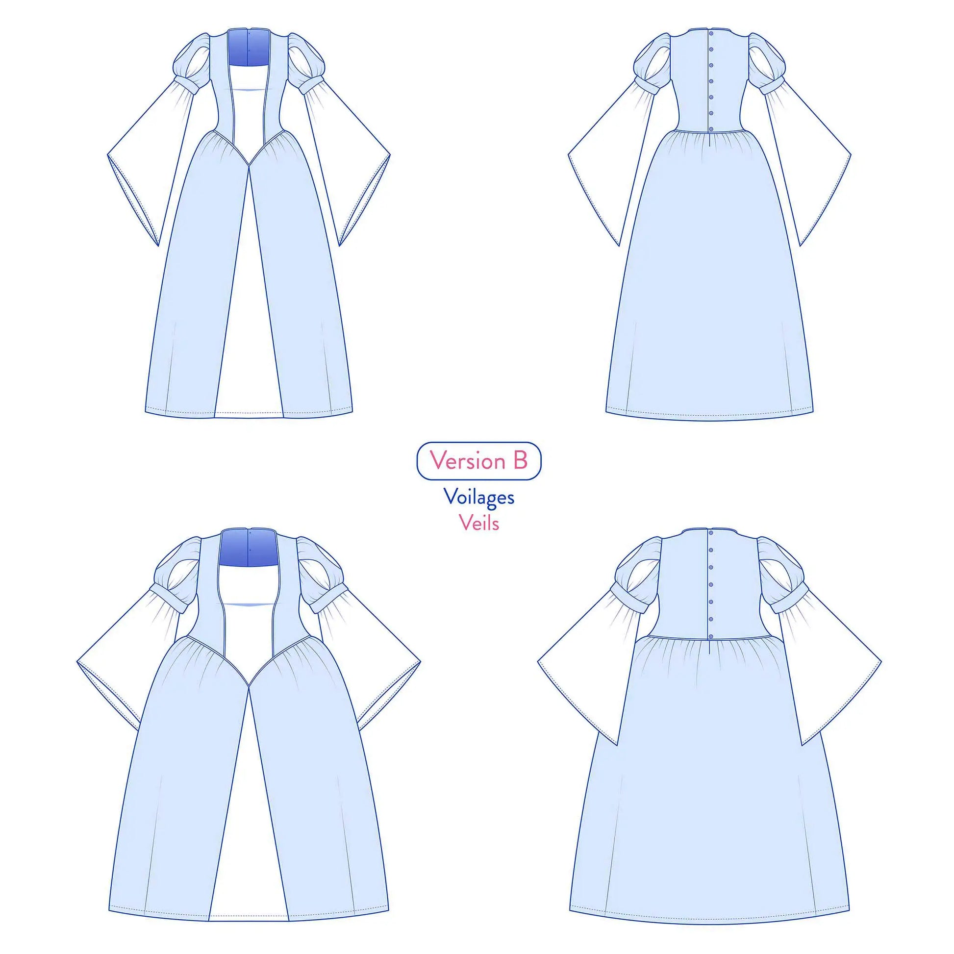 Illustration technique de la robe Margaux femme avec manches princesse en voilage – patron de couture Kandix