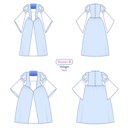 Illustration technique de la robe Margaux femme avec manches princesse en voilage – patron de couture Kandix