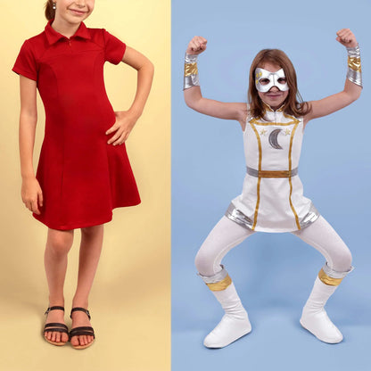 Comparaison entre une robe polo rouge pour enfant et une version customisée en tenue de super-héros avec accessoires dorés et argentés - patron de couture robe Gaby et accessoires Kit Super Kid de Kandix