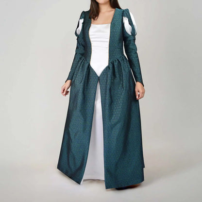 Robe de princesse verte à manches longues avec panneaux contrastants – patron de couture Margaux de Kandix