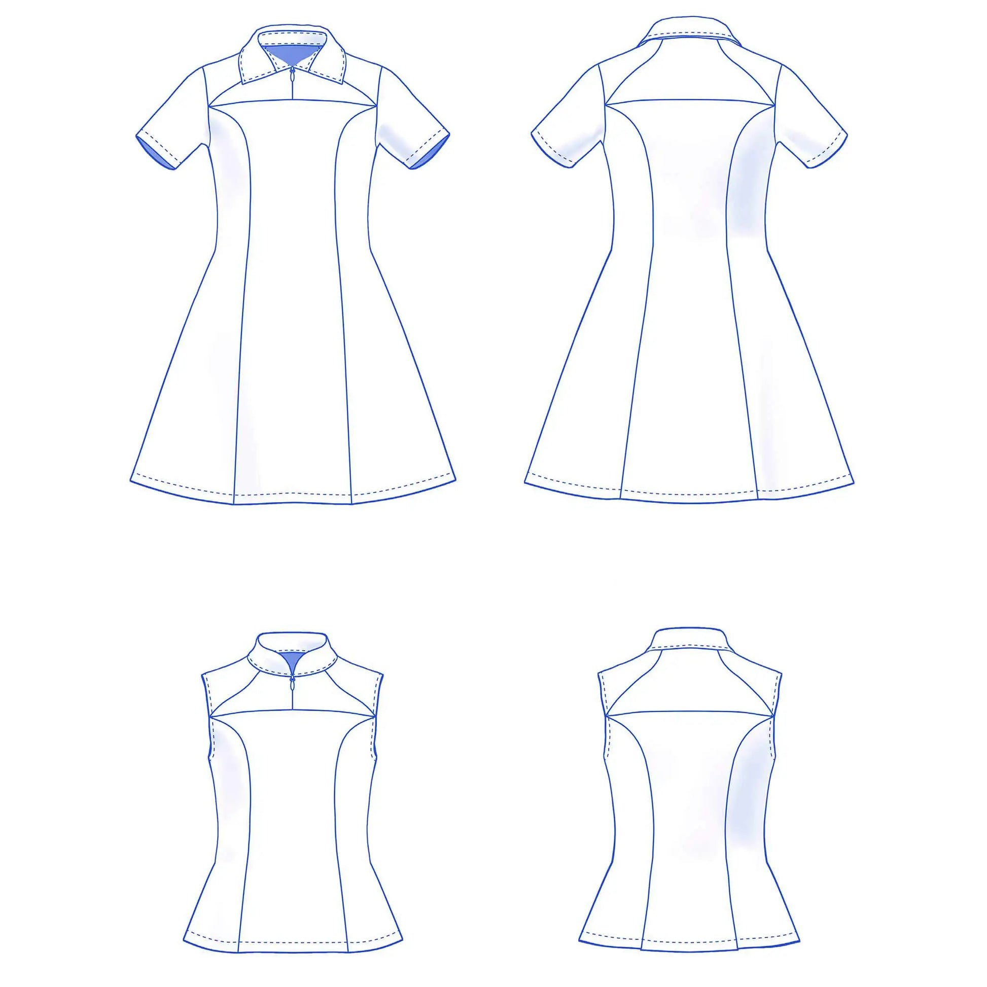 dessin technique robe Gaby enfant version manches courtes avec col polo et version sans manches avec col mao - patron de couture Kandix