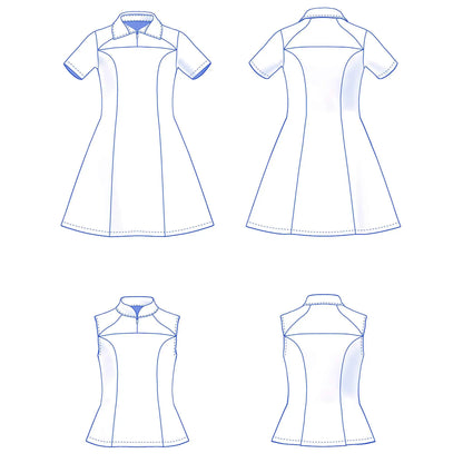 dessin technique robe Gaby enfant version manches courtes avec col polo et version sans manches avec col mao - patron de couture Kandix