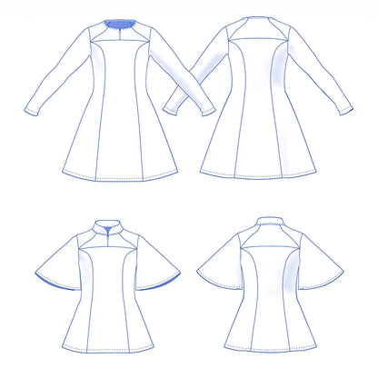 dessin technique robe Gaby enfant version manches longues sans col et manches papillon avec col mao - patron de couture Kandix