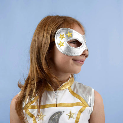 Masque de super-héros argenté décoré d’étoiles jaunes – patron de couture Kit Super Kid de Kandix