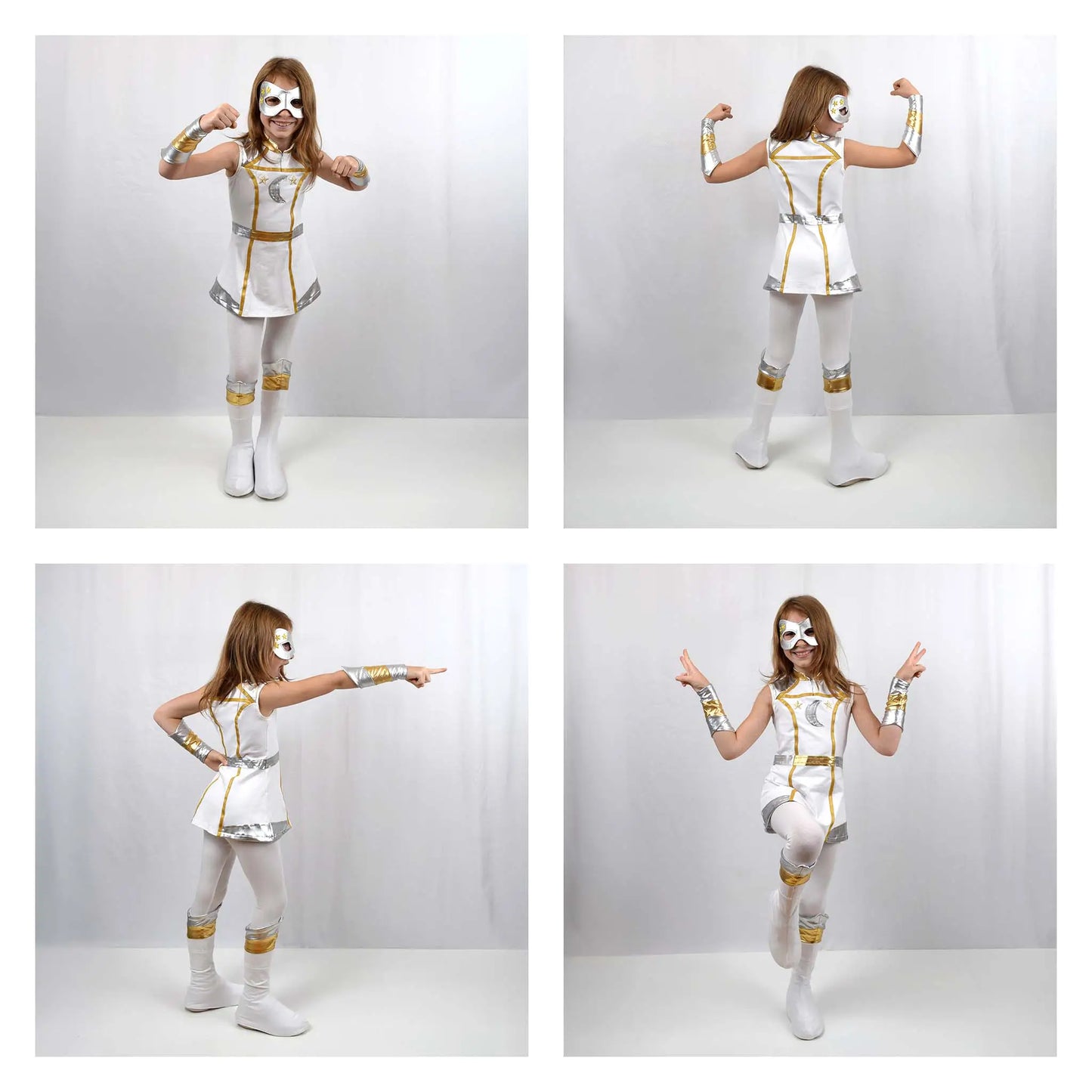 Costume de super-héros porté par un enfant en pleine démonstration de mouvements puissants – patron de couture Kit Super Kid de Kandix