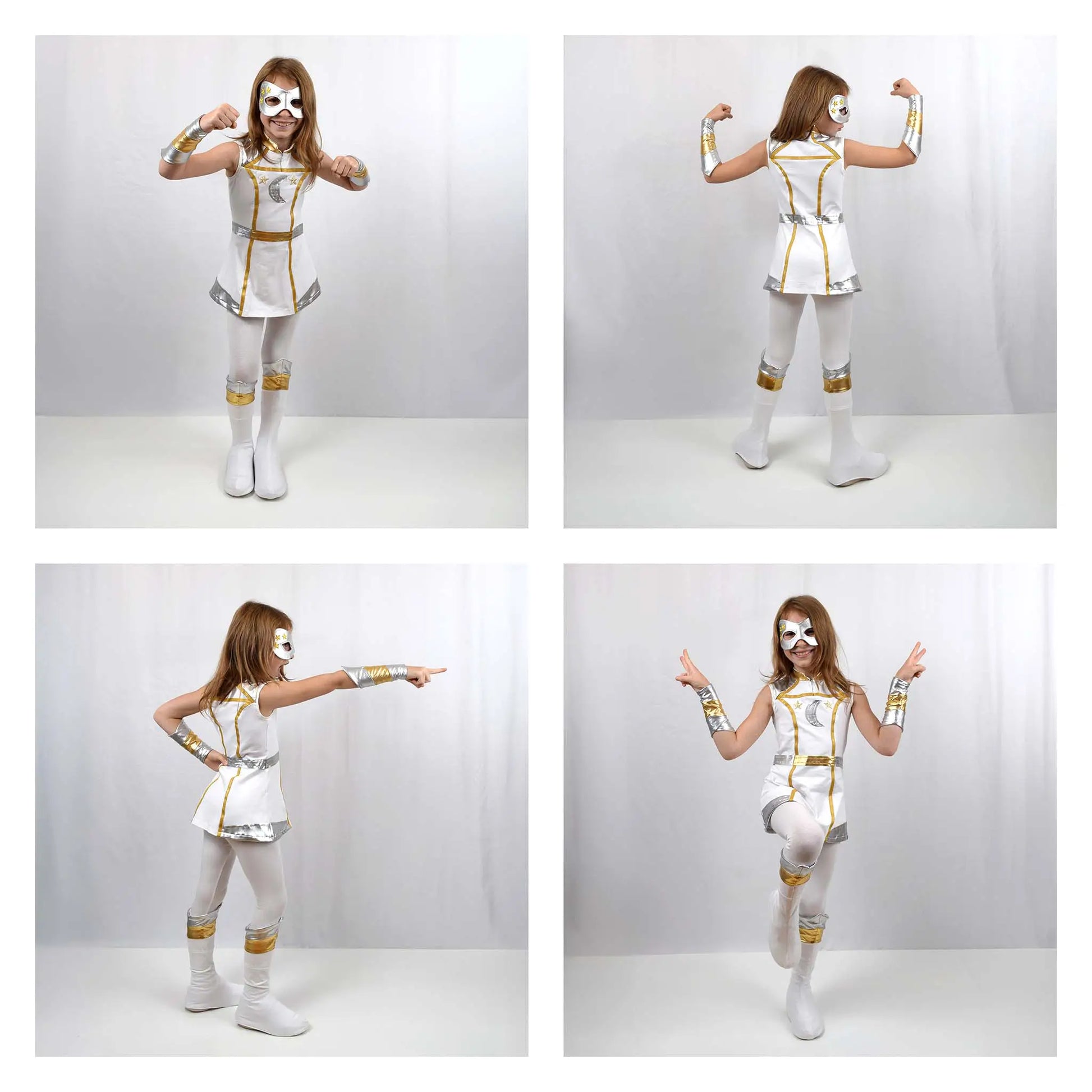 Costume de super-héros porté par un enfant en pleine démonstration de mouvements puissants – patron de couture Kit Super Kid de Kandix