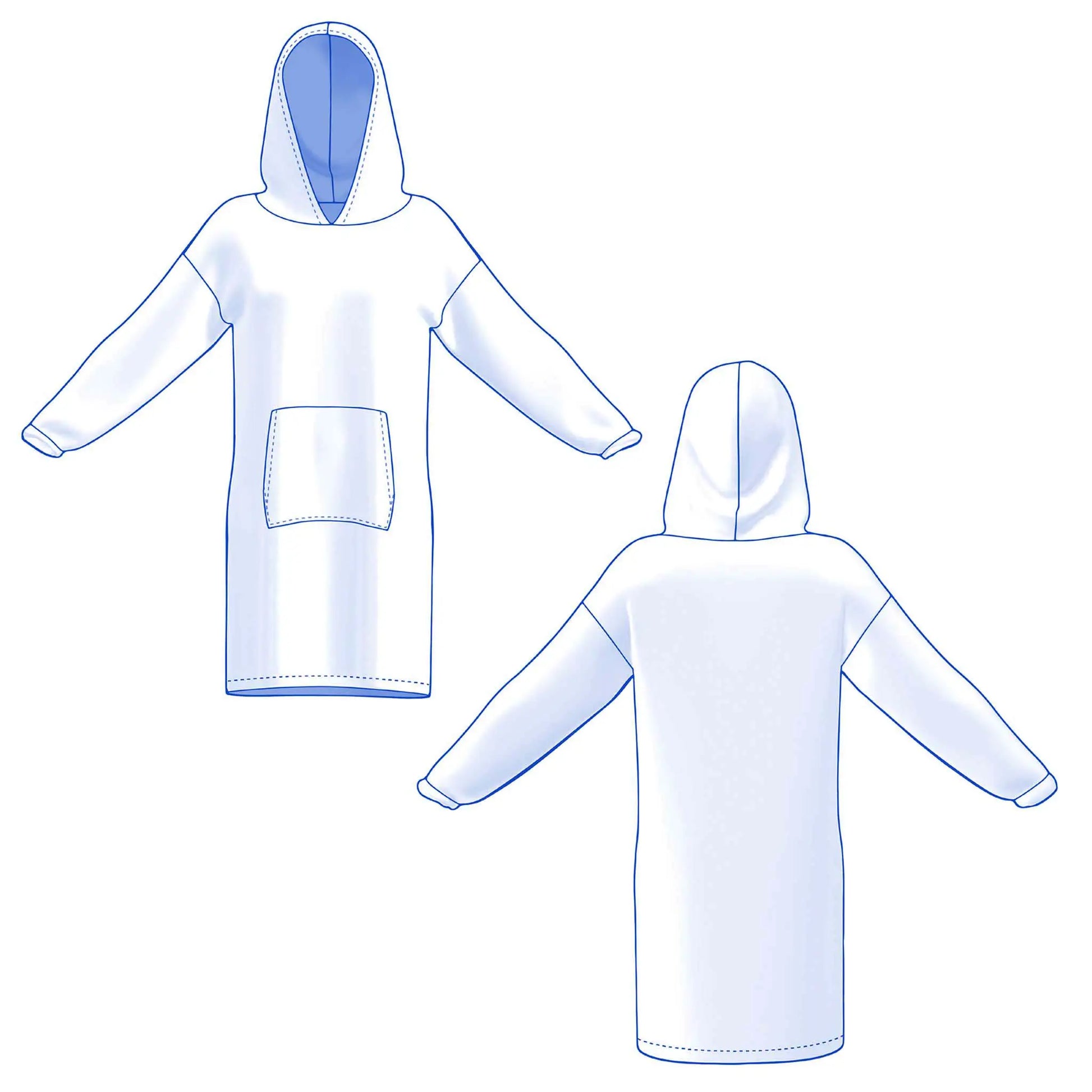 Dessin technique du sweat Casimir femme, vue de face et de dos avec capuche et poche kangourou - patron de couture Kandix
