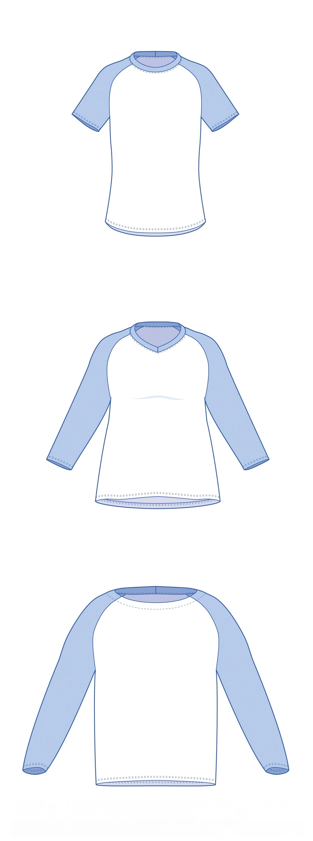 Dessin technique du patron de t-shirt raglan TAO pour toute la famille : manches courtes, 3/4 ou longues, col rond, en V ou bateau – patron de couture TAO de Kandix