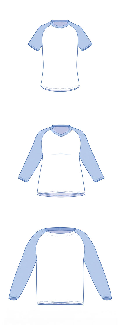 Dessin technique du patron de t-shirt raglan TAO pour toute la famille : manches courtes, 3/4 ou longues, col rond, en V ou bateau – patron de couture TAO de Kandix