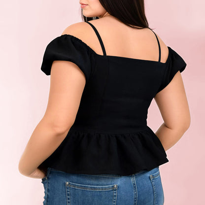 Top femme Yasmine, patron de couture femme, top style bustier avec volant et fines bretelles, couleur noir, vue de dos – patron Kandix