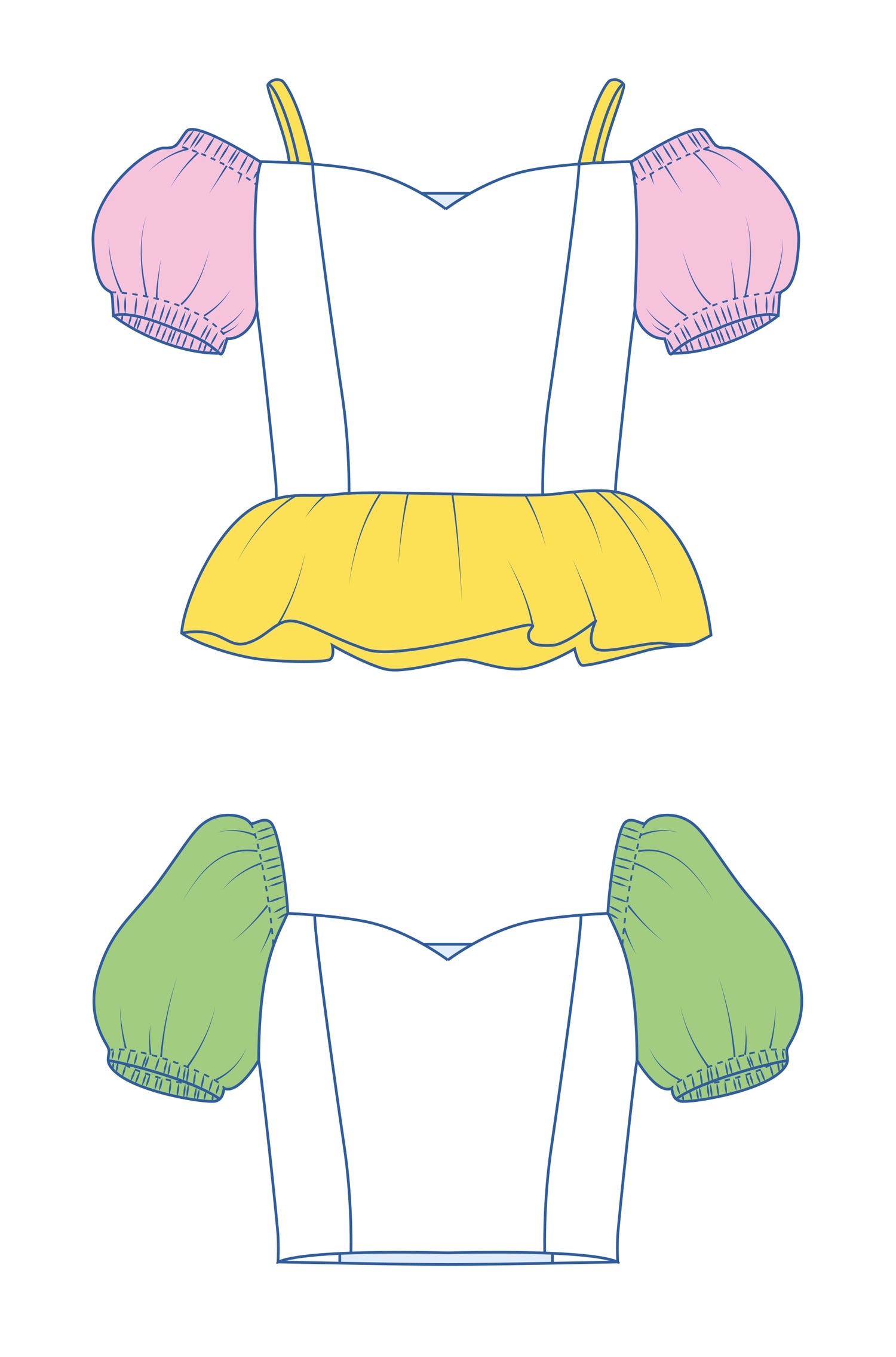 Dessin technique du top Yasmine enfant avec manches ballons courtes – patron Kandix